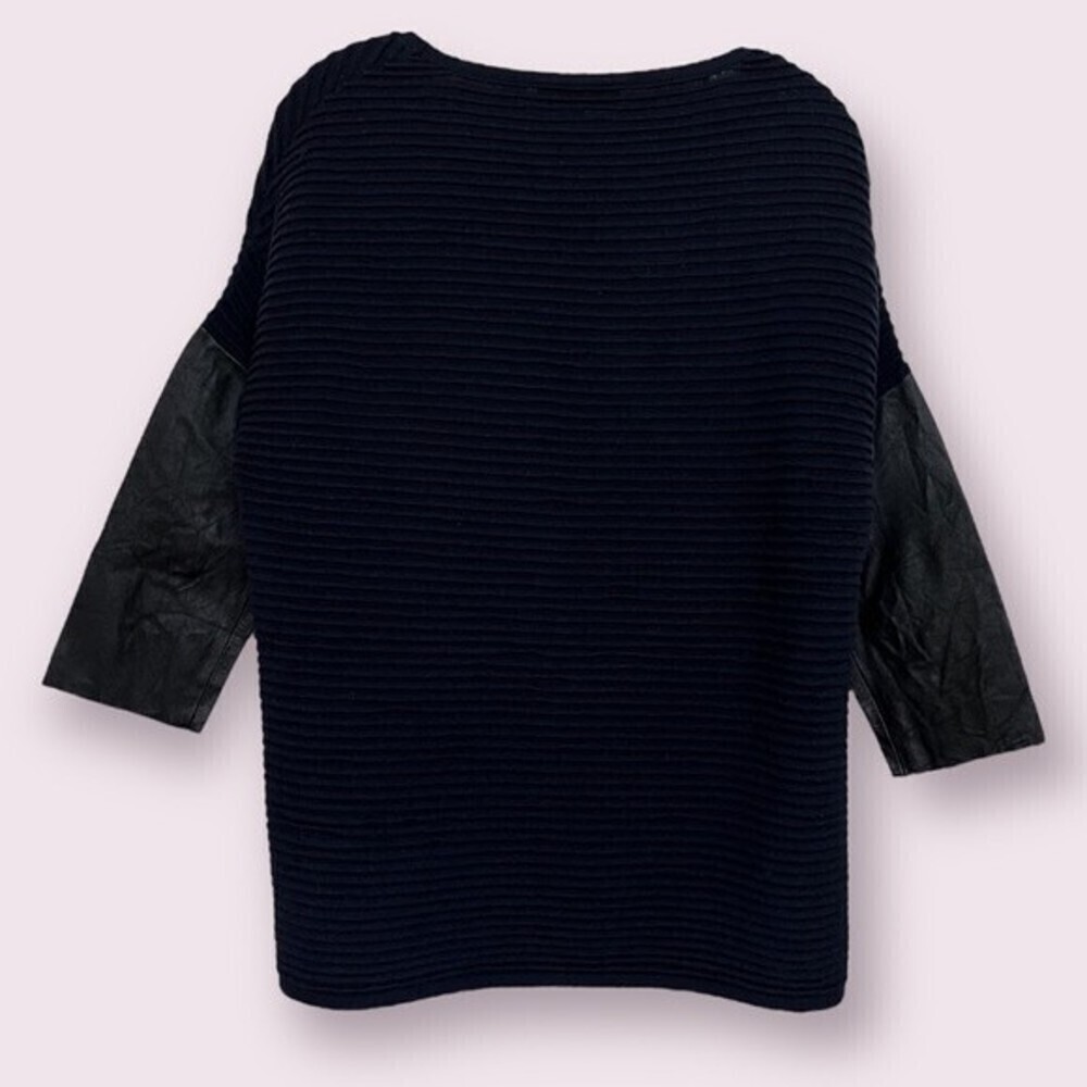 Sandro Paris Wool Sweater Ribbed Navy Black Leather Sleeves Womens Size Small - Picture 2 of 9